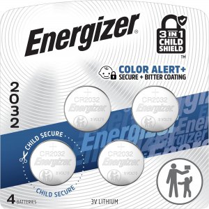 Energizer 2032 Batteries (4 Pack), 3V Lithium Coin Batteries with 3-in-1 Child Shield
