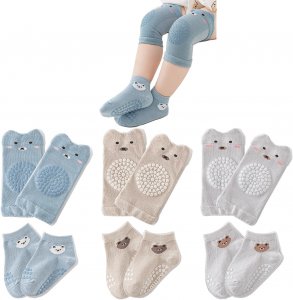 Baby Knee Pads for Crawling (3 Pairs) and Baby Socks for Walking (3 Pairs), Walking Protector for Toddler Kid Girls Boy