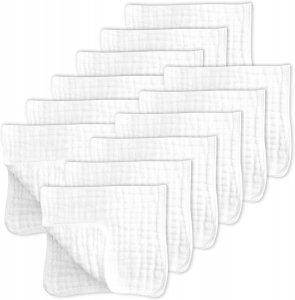 SWEET DOLPHIN 12 Pack Muslin Burp Cloths Large 100% Cotton Hand Washcloths for Baby - Baby Essentials Extra Absorbent and Soft Boys & Girls Milk Spit Up Rags for Newborn Registry - White, 20" X10"