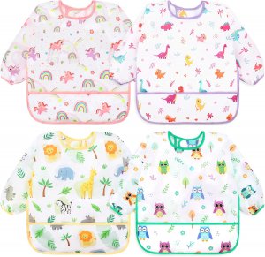 Accmor 4 Pack Long Sleeve Baby Bibs, Waterproof Sleeved Bib Smock for Baby Toddler 6-36 Months