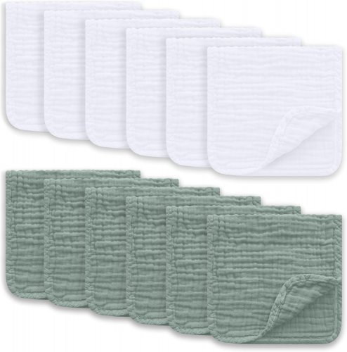 Muslin Burp Cloths Large 100% Cotton Hand Washcloths for Boys & Girls, Baby Essentials Extra Absorbent and Soft Burping Rags for Newborn Registry (White & Green, 12-Pack, 20" X10")