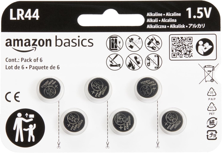 Amazon Basics 6-Pack LR44 Alkaline Button Coin Cell Battery, 1.5 Volt, Long Lasting Power, Mercury-Free - Click Image to Close