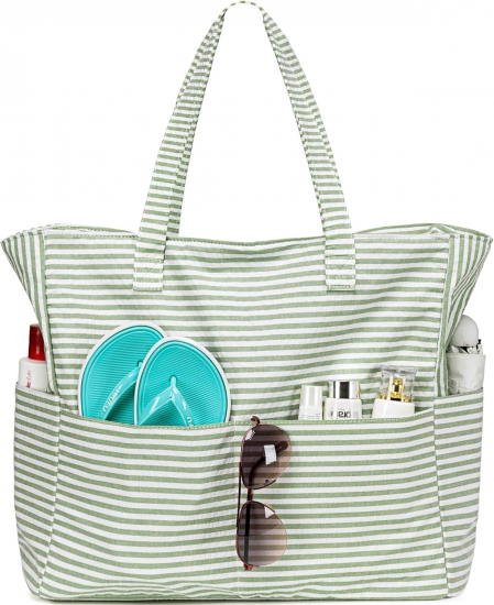 LEDAOU Large Beach Tote Bag Women Waterproof Sandproof Zipper Beach Tote Bag for Pool Gym Grocery Travel with Wet Pocket - Click Image to Close