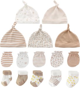 Baby Caps Mittens and Thick Warm Socks Cotton Newborn Essentials Accessories (Hats+Gloves+Terry Socks),0-6 Months