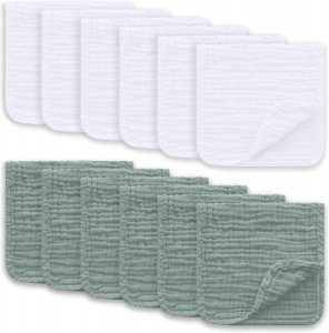 Muslin Burp Cloths Large 100% Cotton Hand Washcloths for Boys & Girls, Baby Essentials Extra Absorbent and Soft Burping Rags for Newborn Registry (White & Green, 12-Pack, 20" X10")