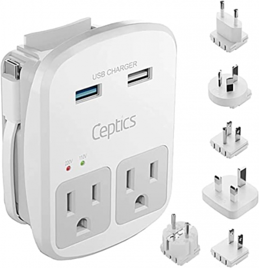 Ceptics Universal Travel Adapter Kit - 2 USB, USB-C Cord+2 US Outlets QC 3.0, Surge Protection, Plugs for Europe, UK, China, Australia, Japan - Perfect for Laptop, Cell Phones, Cameras,Safe ETL Tested - Click Image to Close