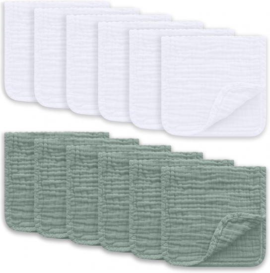 Muslin Burp Cloths Large 100% Cotton Hand Washcloths for Boys & Girls, Baby Essentials Extra Absorbent and Soft Burping Rags for Newborn Registry (White & Green, 12-Pack, 20" X10") - Click Image to Close